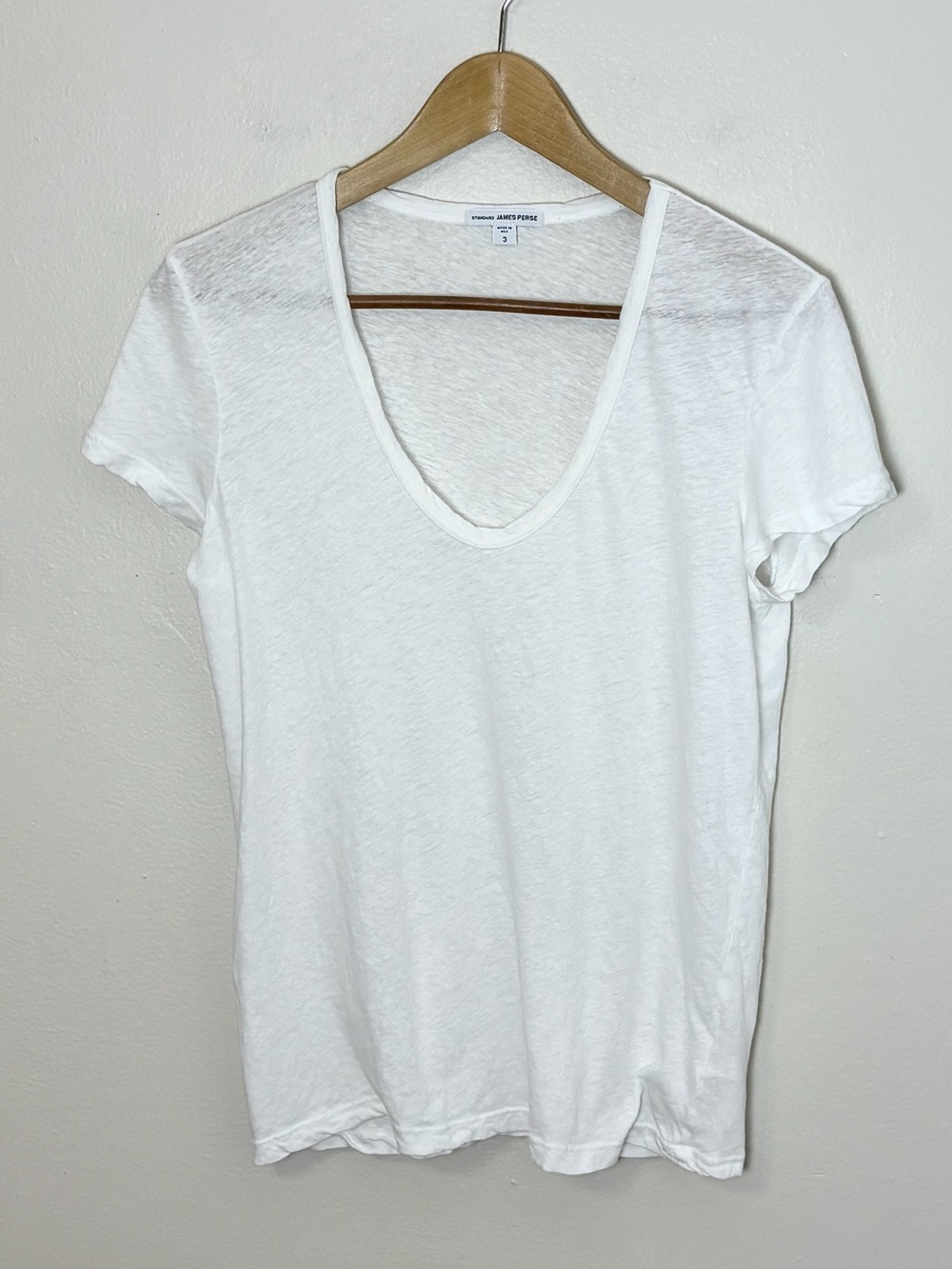 James Perse Standard Ivory Linen Cotton Blouse Slub V-Neck Tee 3 Size L USA